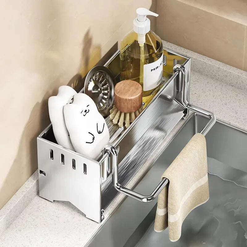 Kitchen Stainless Steel Sponge Rack Household Sink Rag Drain Shelf Multi-functional Scouring Pad Steel Ball Storage Rack