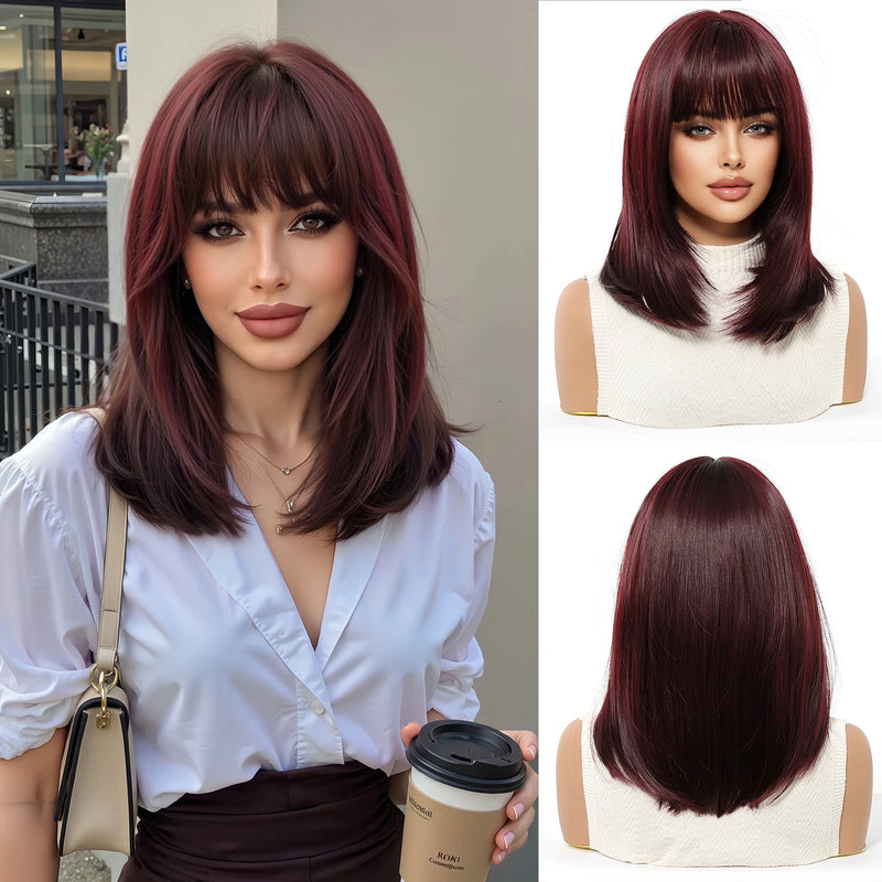 EASIHAIR Short Straight Bob Hair Synthetic Wigs for Women Brown Straight Natural Wigs with Eight Character Bangs Daily Cosplay
