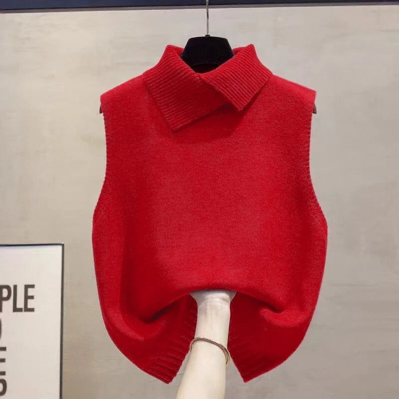 Autumn Winter Korean Solid Color Lapel Sleeveless Versatile Casual Knitted Vest For Women