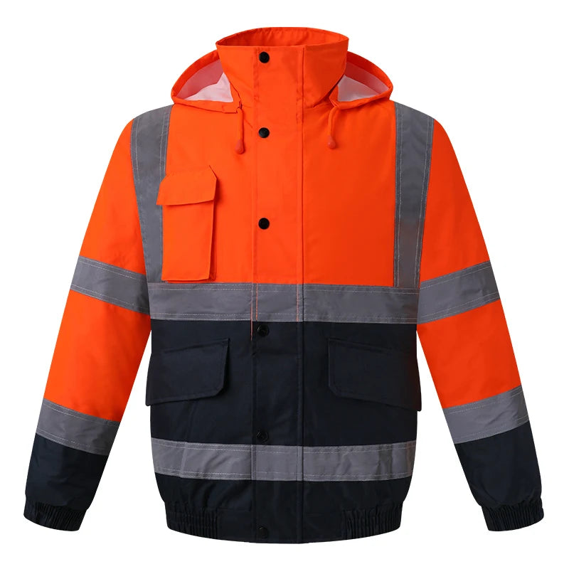 High Visibility Reflective Witnter Jacket Men Waterproof Thickened Safety Coat for Outdoor Work Hi Vis Workwear Bomber Jacket
