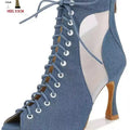 Adult Denim Latin Dance Shoes for Women Mesh Hollow Out Sandals Modern Jazz Boots Soft Sole Indoor Stage  Fish Mouth Ankle Boots