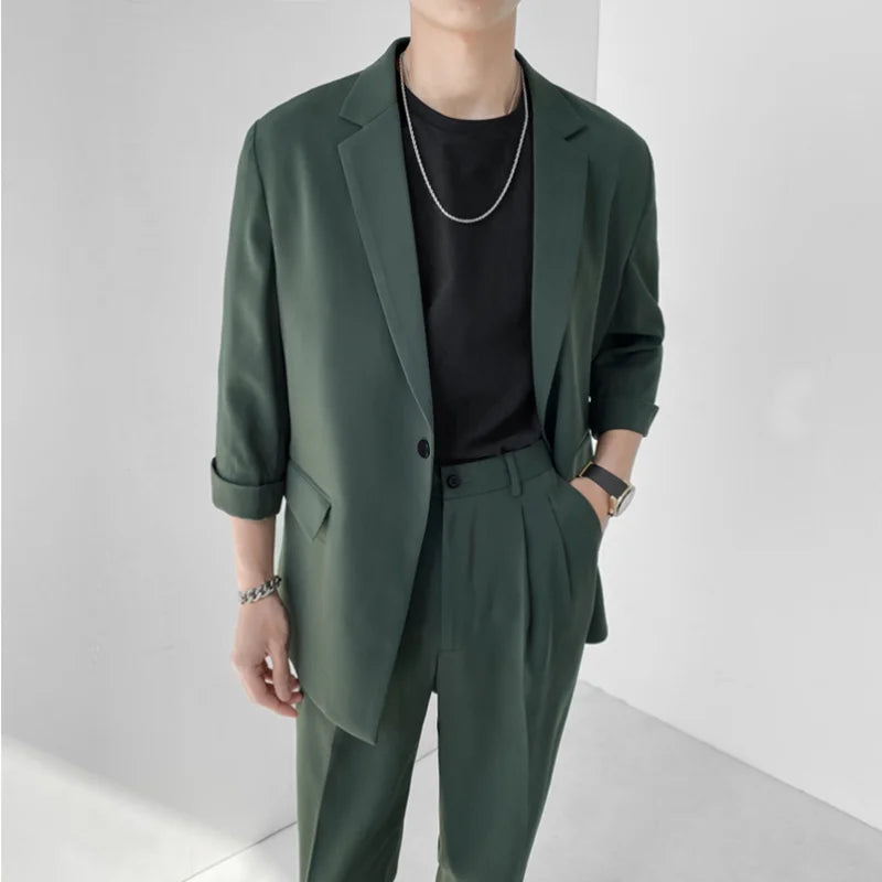 2022 Fashion Summer 2-piece Set Solid Color Single-breasted Casual Simple Student Wear Homme Loose Suits Wear (Blazers + Pants)