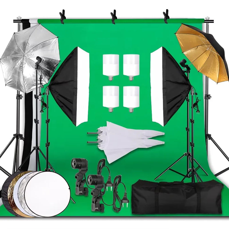 Photography Lighting Kit 2x3M Photo Background Backdrops Soft Umbrella Softbox Light Stand  Portable Bag For Photo Studio Shoot