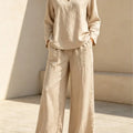 Women 2‑Piece Matching Outfit Long Sleeve Button Shirt High Waist Wide Leg Pant Loose Vacation Street Daily Wear Suit For Ladies