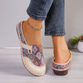 Blue Ethnic Linen Mules for Women - Breathable Non-slip Soft Sole Slip-On Shoes for Elderly Casual Walking