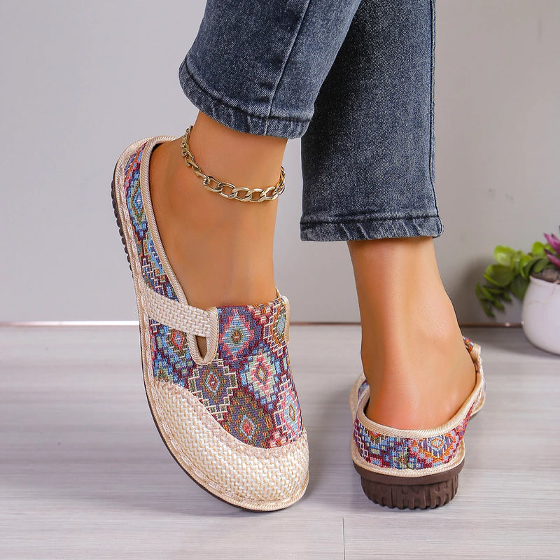Blue Ethnic Linen Mules for Women - Breathable Non-slip Soft Sole Slip-On Shoes for Elderly Casual Walking