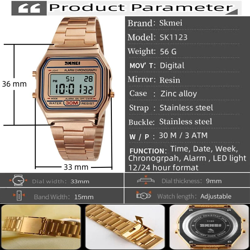 Unisex Digital Bracelet Watches Luxury Stainless Steel Strap LED Waterproof Chronograph Fashion Alarm - Visuel 3 | SAMAG