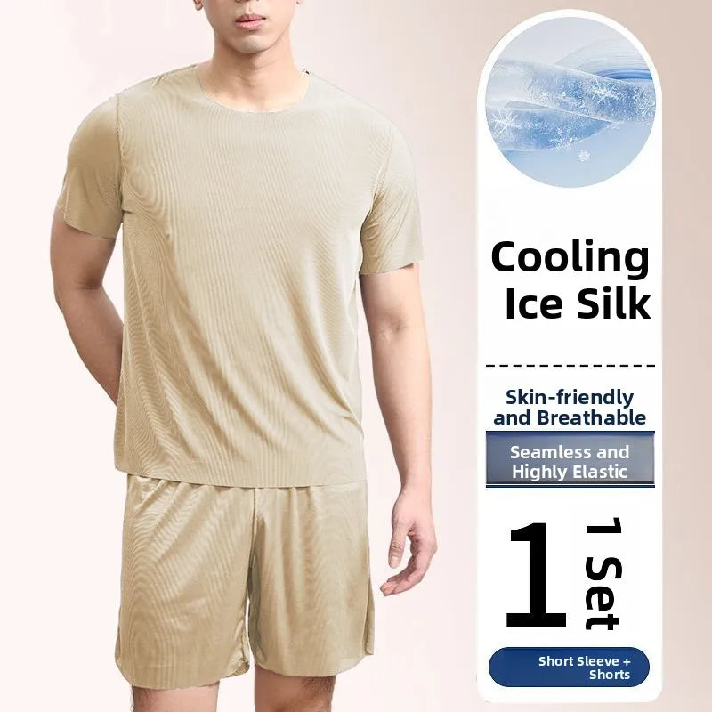 Ice Silk Sleepwear Set round Neck Short Sleeve Casual Lightweight Men's Home Clothes Comfortable Underwear for Youth in Summer