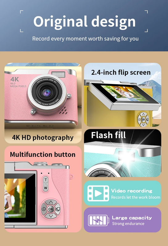 Digital Camera，2.4-inch HD rotating screen，4K video recording，800mAh battery capacity，48 megapixels，Beauty function，Autofocus