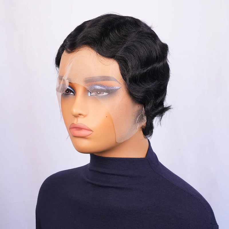 13x4 Transparent Lace Front Short Pixie Cut Wig Finger Waves Brazilian Human Hair Wigs with Pre Plucked Bangs Glueless for Women
