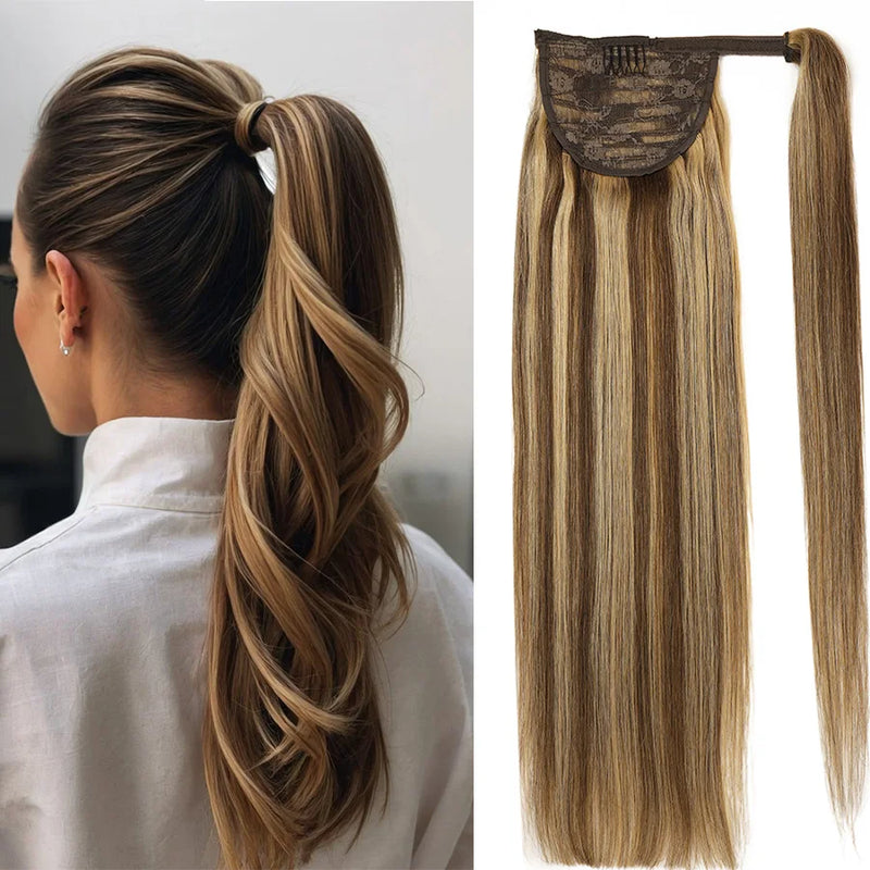 Straight Human Hair Ponytail Wrap Around Horsetail Clips-In Brazilian Remy Hair Ponytail Wig 120g