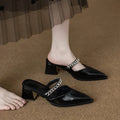 French Style Pointed Toe Chunky Heel V-Cut Mules with Chain Decor, Commute Versatile Comfortable Outdoor Wear Sandals for Women