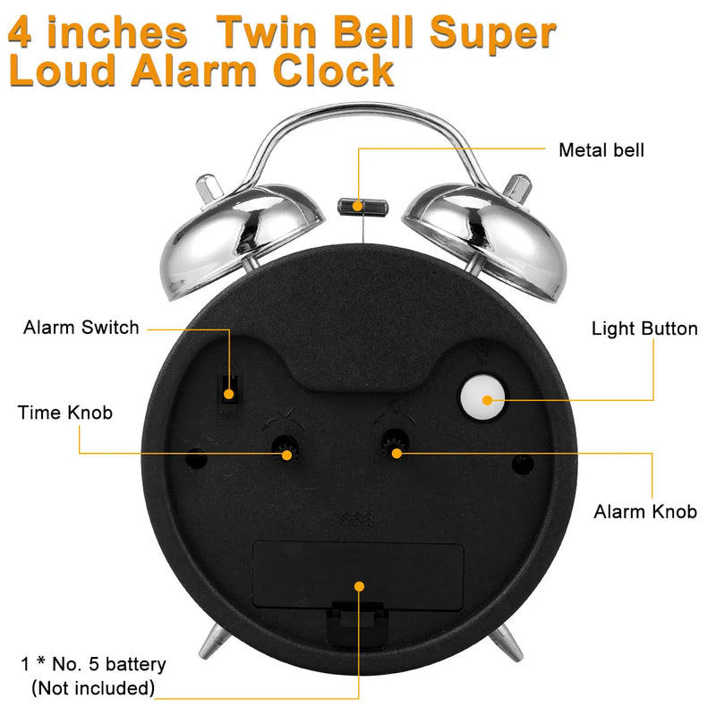 4 Inch Super Loud Alarm Clock for Heavy Sleepers Metal Retro Twin Bell with Backlight Quartz Analog Clock for Bedroom Bedsides