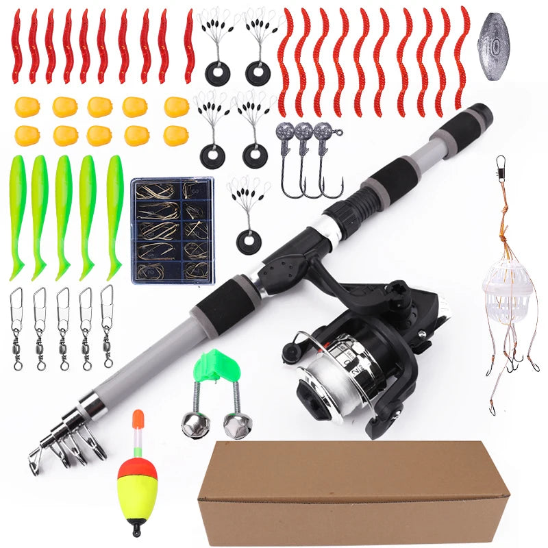 FTK 1.8M Portable Spinning Fishing Rod Reel Full Kits Carbon Fiber Carp Rod Wheel Travel Set Accessory