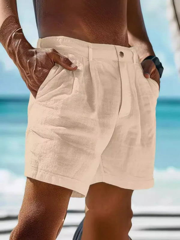 Summer Cotton Linen Shorts for Men Solid Casual Button | SAMAG
