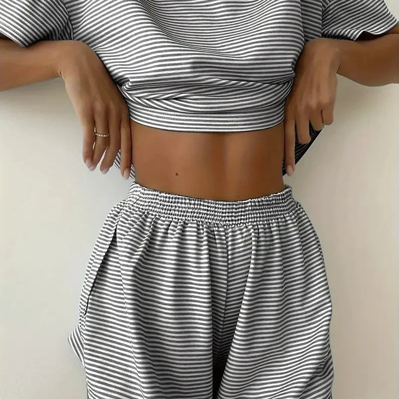 Women's Striped Pajama Set Summer Short-Sleeved T-Shirt | SAMAG