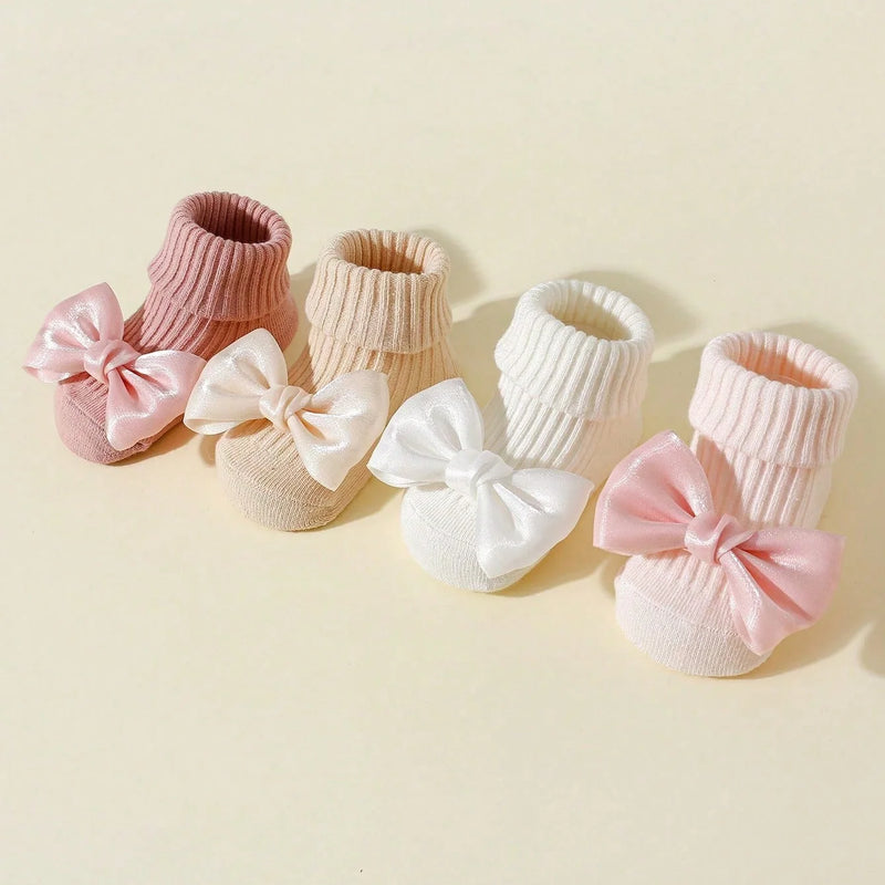 4 Pairs Toddler Socks with Bows, Soft Cotton Cute Ankle Socks for Infants Girls, Fashion Anty-Slip Newborn Baby Socks 0-24 Months