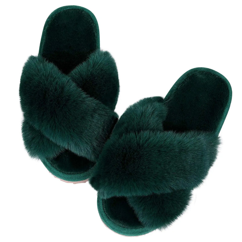 Comwarm Women's Cross Band Fuzzy Slippers Fluffy Open Toe House Slippers Cozy Plush Bedroom Shoes Indoor Outdoor Fur Sandals