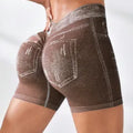 Women Seamless V Back Shorts Faux Jeans Elastic Yoga Pants Butt Lifting Leggins Fitness Athletic Workout Sports Short Tights