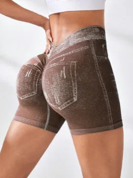 Women Seamless V Back Shorts Faux Jeans Elastic Yoga Pants Butt Lifting Leggins Fitness Athletic Workout Sports Short Tights