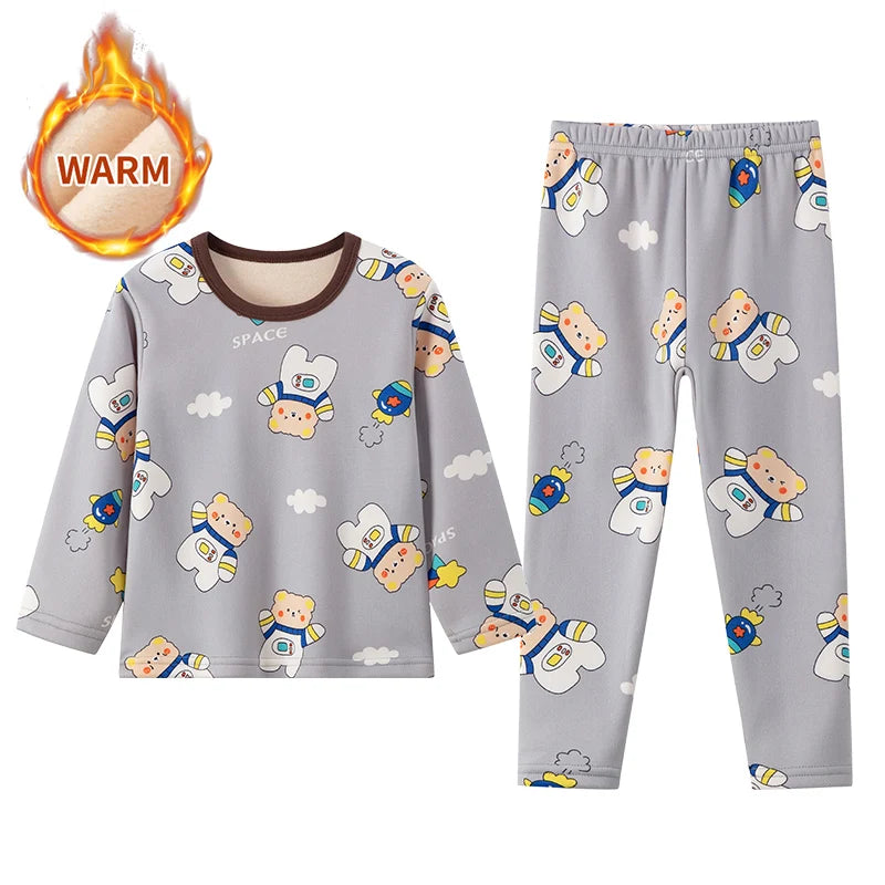 2-piece Autumn And Winter Children's Plush Thick Warm Home Underwear Set For Boys And Girls Fun And Cute Tops Comfortable Pants