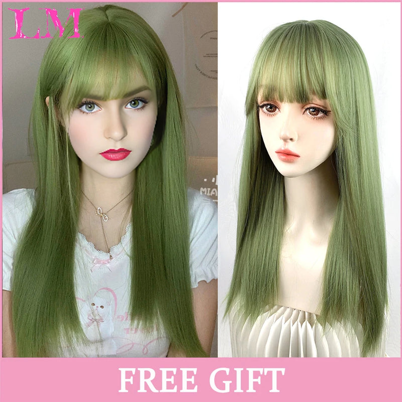 LM Medium Length Pink Cosplay Wig Heat Resistant Costume Party Synthetic Wigs 2 Clip On Ponytail 7 Colors