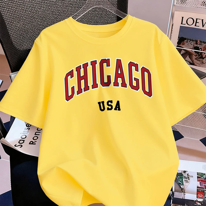 Chicago Usa Letter Printing T-Shirt Women Cotton Summer Short Sleeve Tops Comfortable Soft O-Neck T Shirt Casual Womans Clothes
