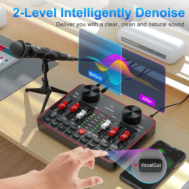 Tenlamp Podcast Equipment Bundle, All-in-One Audio Interface DJ Mixer with 2 Condenser Microphones, Recording Studio Kit Live Sound Card for Singing Broadcast, Live Streaming, Gaming for PC Smartphone Laptop Computer Vlog Rec