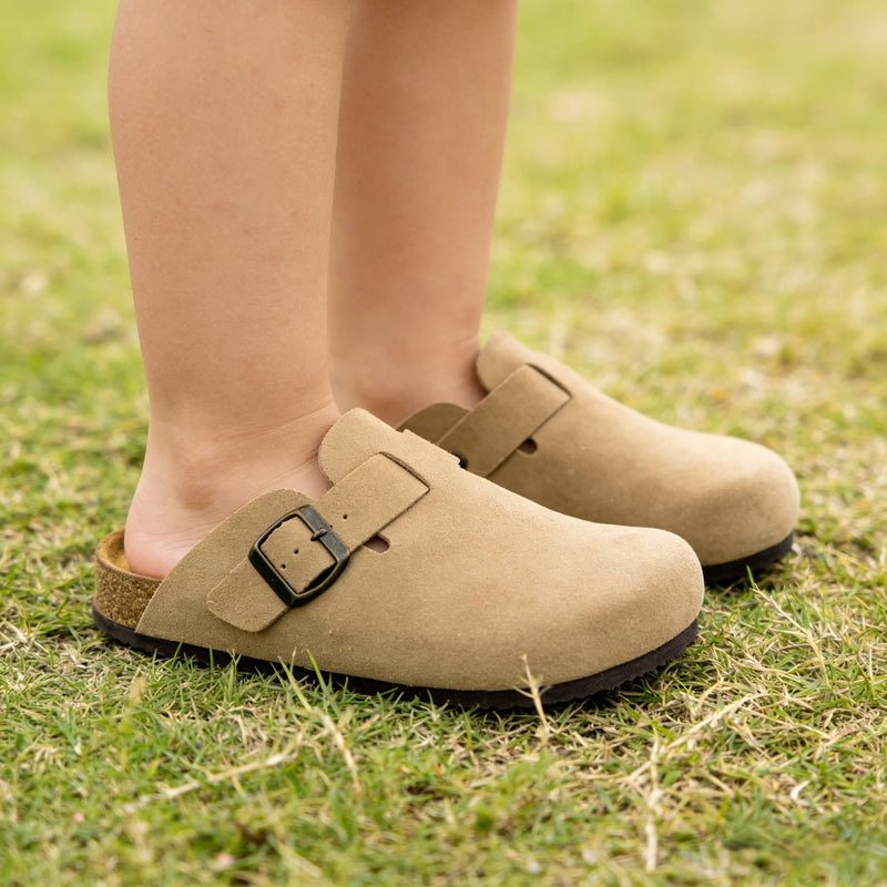 Retro Suede Leather Mule Clogs Arch Support Cork Latex Footbed Adjustable Buckle Non-Slip Indoor Outdoor Walking for Women & Men