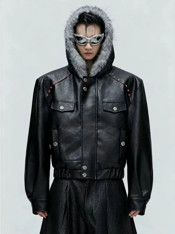 American Style Men's Padded Jackets PU Leather Faux Fur Fleece Thickened Solid Color Loose Male Hooded Warm Coats Tide