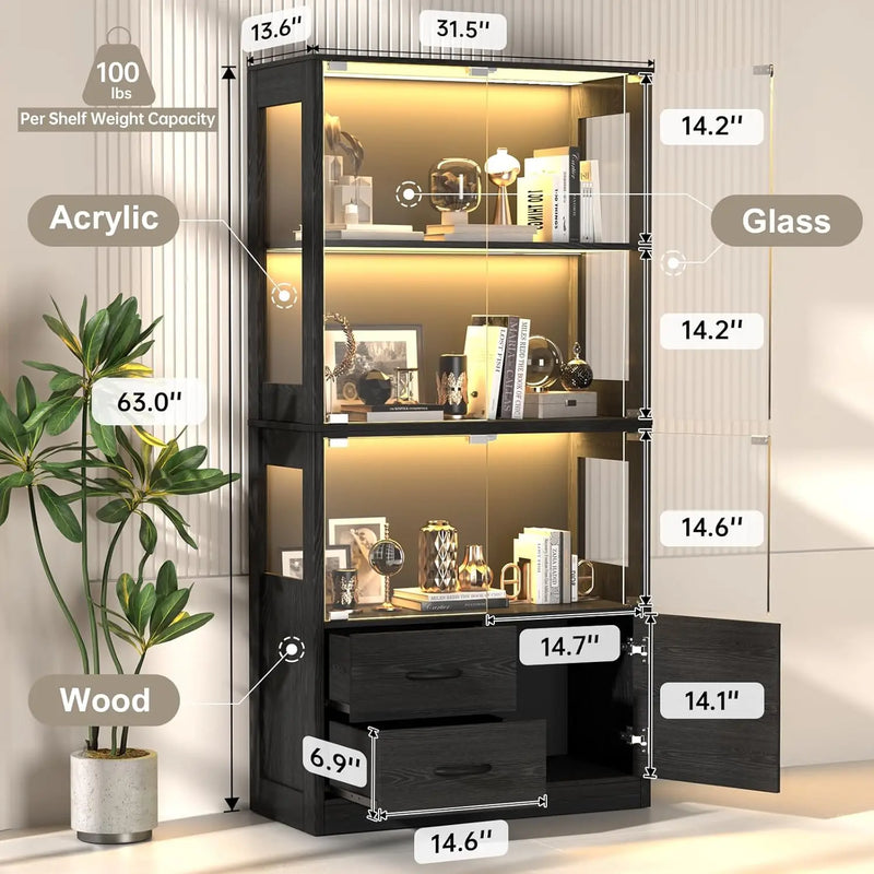 Display Cabinet with Glass Doors, 4-Tier Display Case with 3-Color Lights & Human Body Sensor, Storage Cabinets with 3 Shelves &
