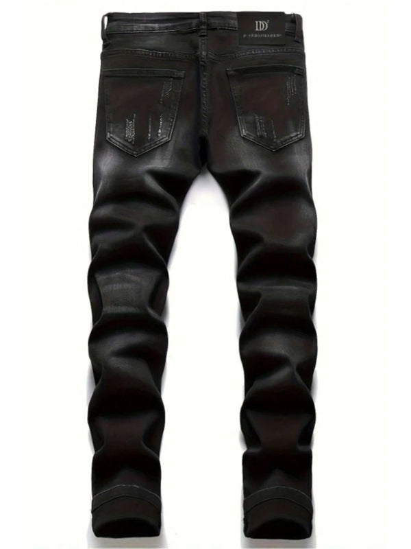 Men's Black Distressed Jeans Skull Patch & Embroidery | SAMAG