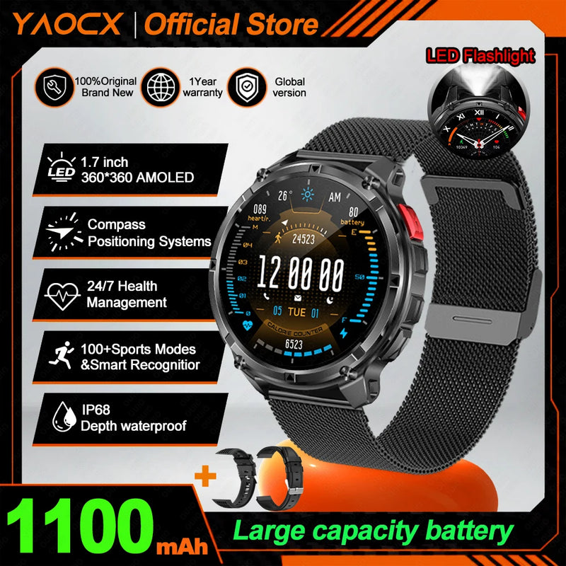 NEW 1100mAh Battery Sports Smart Watch Compass IP68 Waterproof Outdoor Flashlight Voice Assistant Heart Rate BT Call Smart Watch