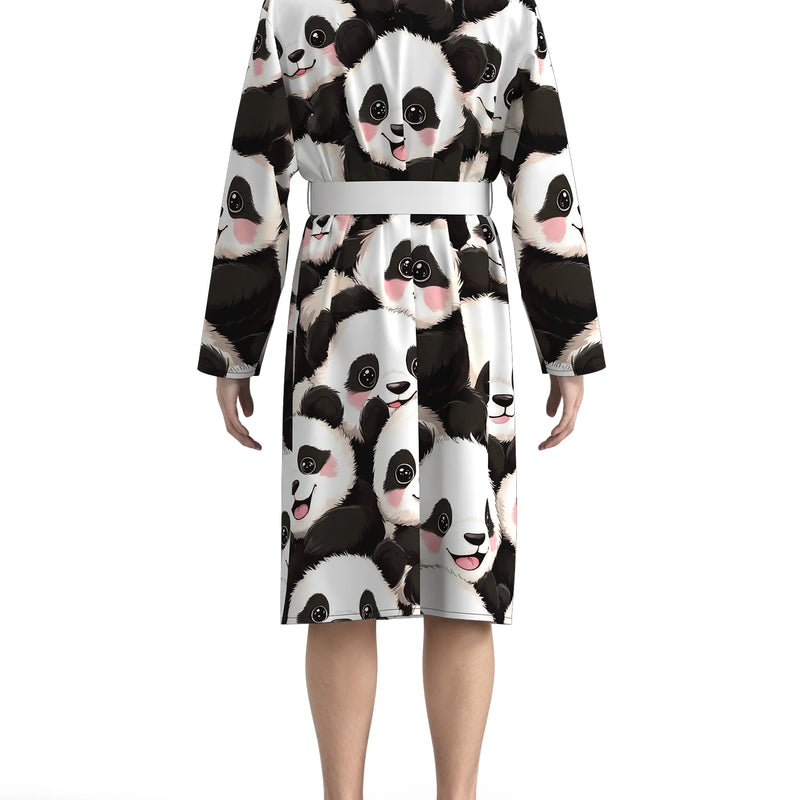 Men's soft panda print kimono bathrobe, cute cartoon national treasure pattern long-sleeved home clothes, casual nightgown