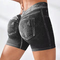 Women Seamless V Back Shorts Faux Jeans Elastic Yoga Pants Butt Lifting Leggins Fitness Athletic Workout Sports Short Tights