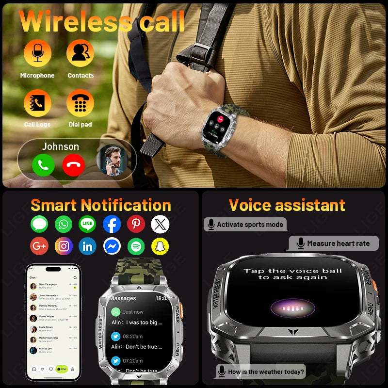 LIGE Militray 1400mAh Large Battery Smart Watch Men 2.01"HD Screen LED Flashlight & SOS Light BT Call Health Monitor Smartwatch