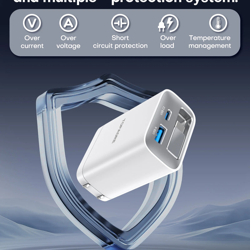 65W GaN Wall Charger with Retractable USB-C Cable, Dual-Port PD 3.0 & QC 4+ / 4.0 Fast Charging for iPhone, Galaxy, Pixel, iPad, Tablets, Nintendo Switch, AirPods