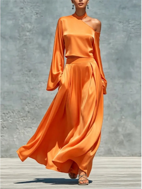 Womens Solid Skirt Two Piece Sets Sexy One-Shoulder Long Sleeve Crop Top  + Slim Long Skirt Set Autumn Casual Party 2pcs Outfits