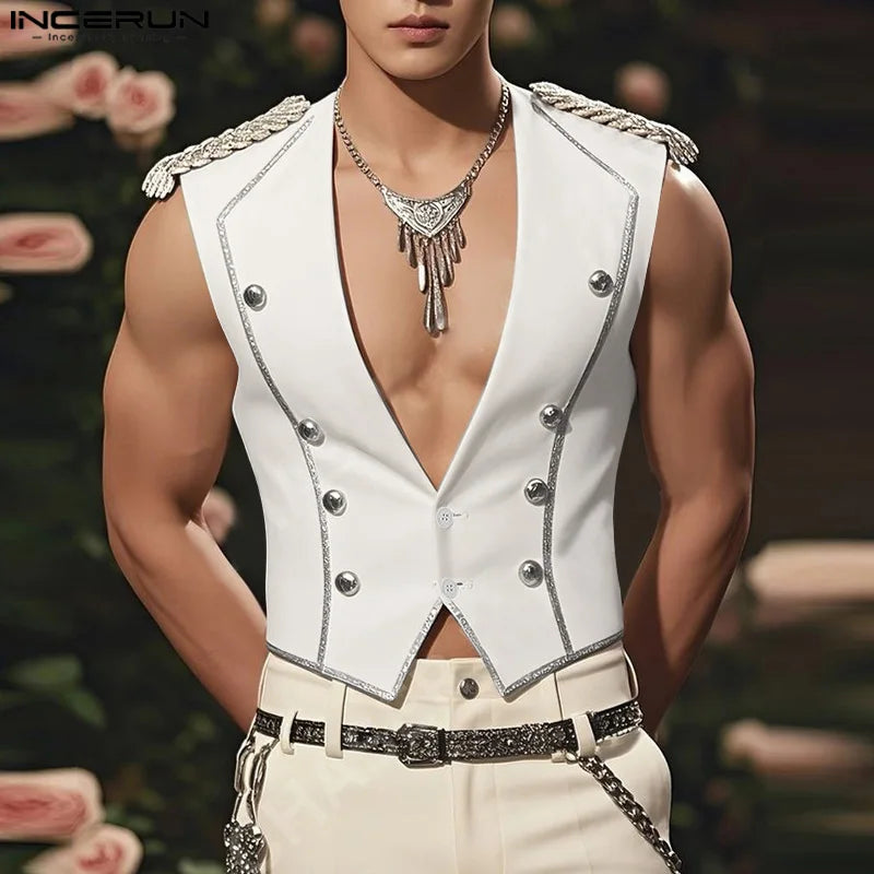INCERUN Men Vests Patchwork Shiny V Neck Sleeveless Button Casual Male Waistcoats Streetwear 2025 Fashion Leisure Vests S-5XL