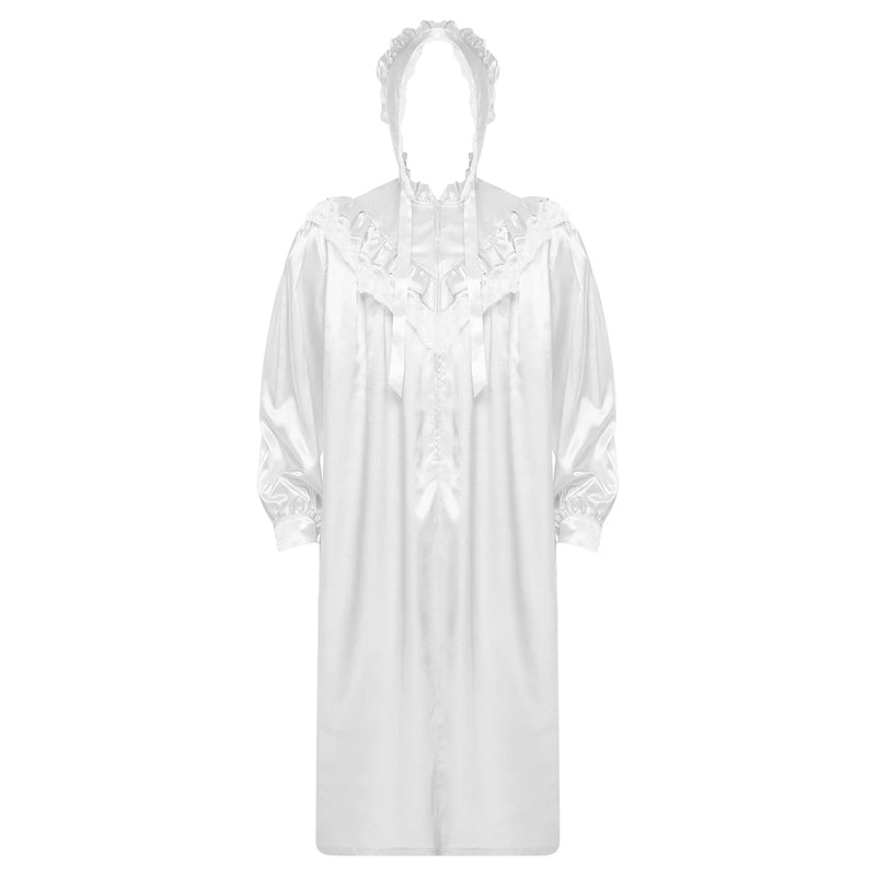 Men Satiny Gothic Victorian Nightgown Robe with Hat Set Lace Trim Long Sleeve Sleep Dress And Lace-up Bonnet for Pajamas Party