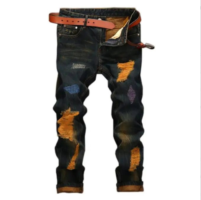 Fashionable New Men's Motorcycle Jeans Pleated Holes | SAMAG