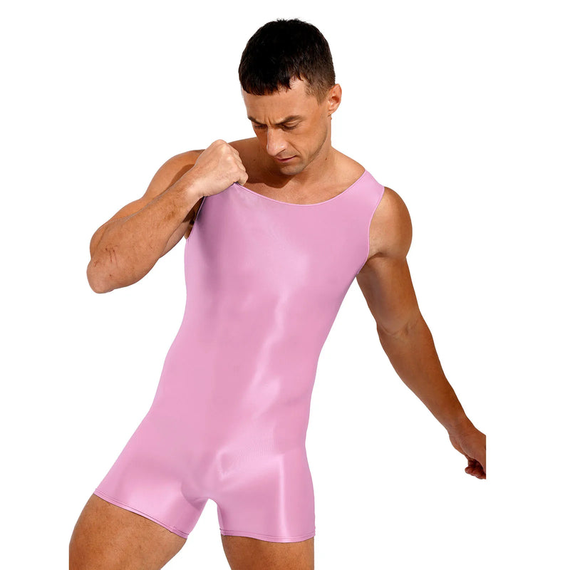 Swimwear Mens Glossy Stretchy Swimsuit U Neck Tank Leotard Jumpsuit Bodysuit Mankini Bodybuilding Fitness Exercise Swimming Suit