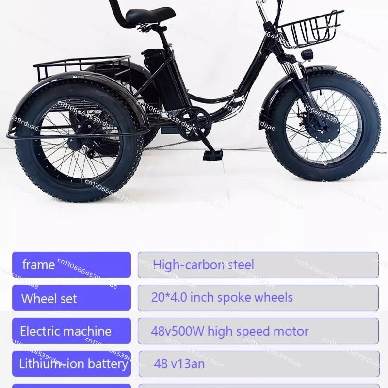 20-Inch folding fat tire electric tricycle, pedal tricycle snow lithium battery bicycle 48V