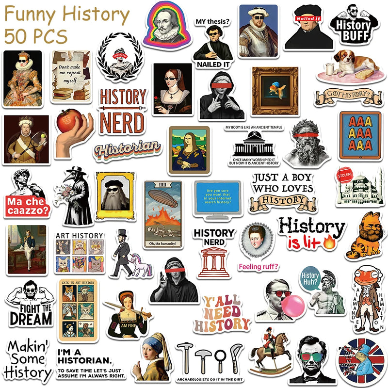 50pcs Funny History Stickers Decals For Phone Laptop Skateboard Refrigerator Helmet DIY Cartoon Waterproof Stickers For Students