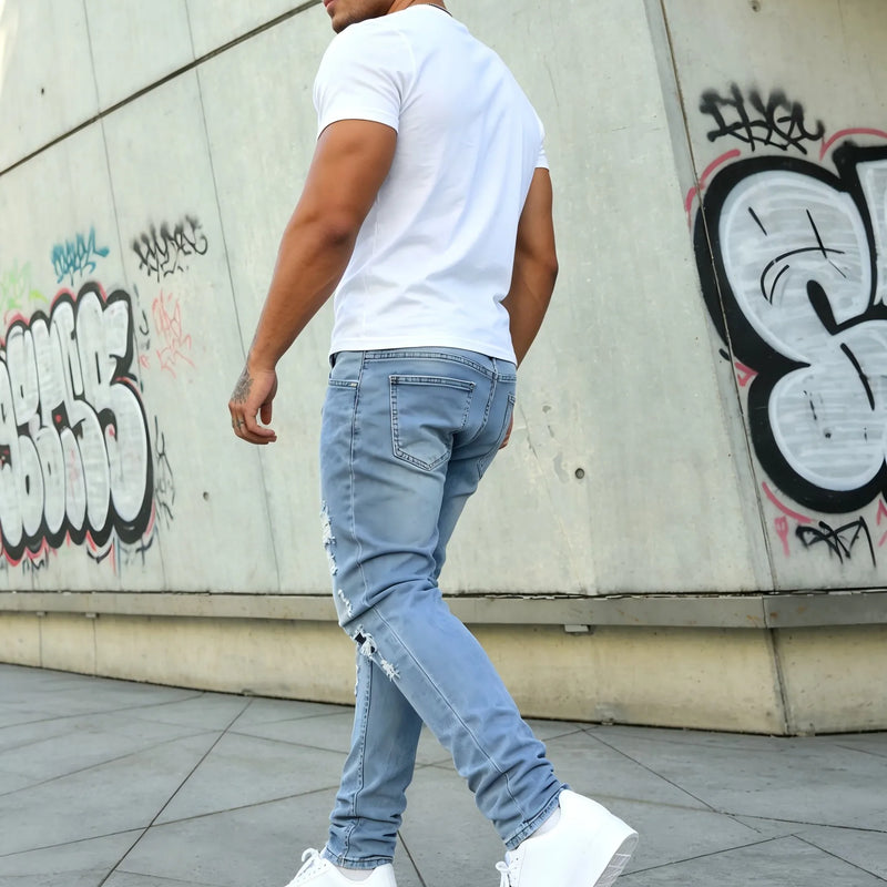 HME Men's Stretch Denim Pants, Light Blue Slim Ripped | SAMAG