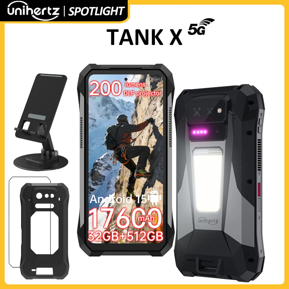 World premiere】Unihertz by 8849 TANK X Rugged Phone 5G Android 15 Built-in 1080P 220 lumen Projection 17600mah Battery 32+512GB