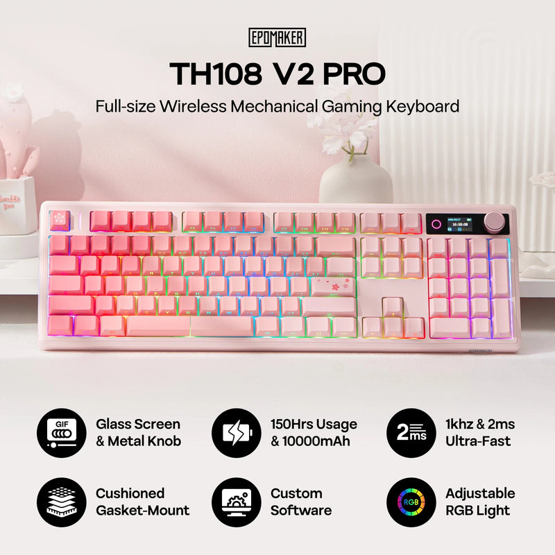 EPOMAKER TH108 V2 PRO Full Size ANSI US Layout Gasket Tri-mode Wireless Mechanical Gaming Keyboard with RGB Backlight for Mac/PC