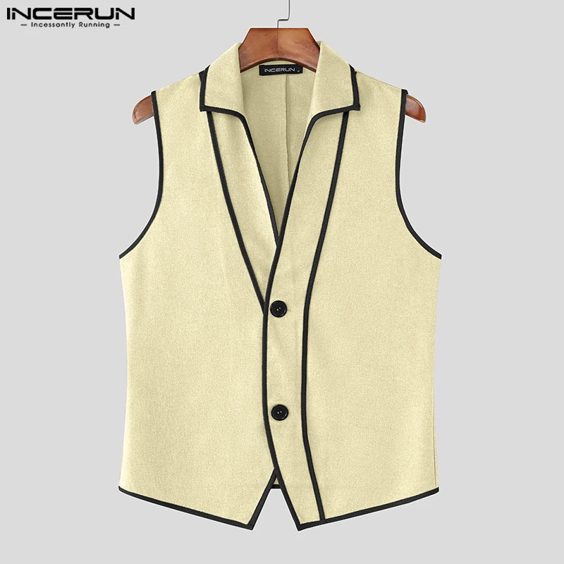 INCERUN Summer Men Vests Patchwork Lapel Sleeveless Button Casual Male Waistcoats Streetwear 2025 Fashion Vests Oversize S-5XL