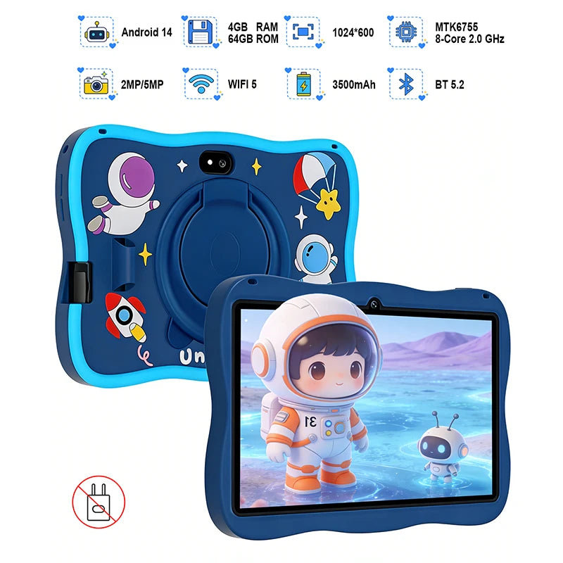 7 Inch Kids Tablet Android 14, 4GB RAM 64GB ROM, WiFi Bluetooth Type-C Port with Protective Case Gift for Children