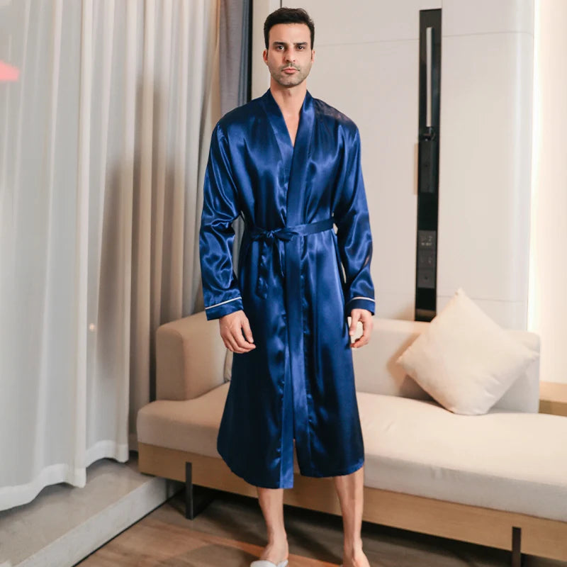 Pajama men's spring and autumn silk thin style oversized pajamas long sleeved bathrobes ice silk bathrobes home clothing summer